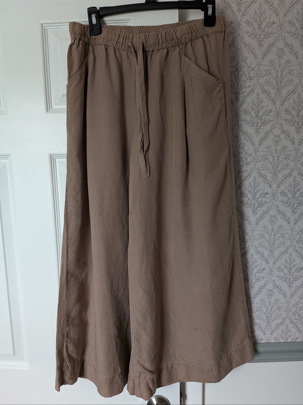 Haven Well Within Tencel Linen Cropped Wide Leg Pants Taupe S Pockets